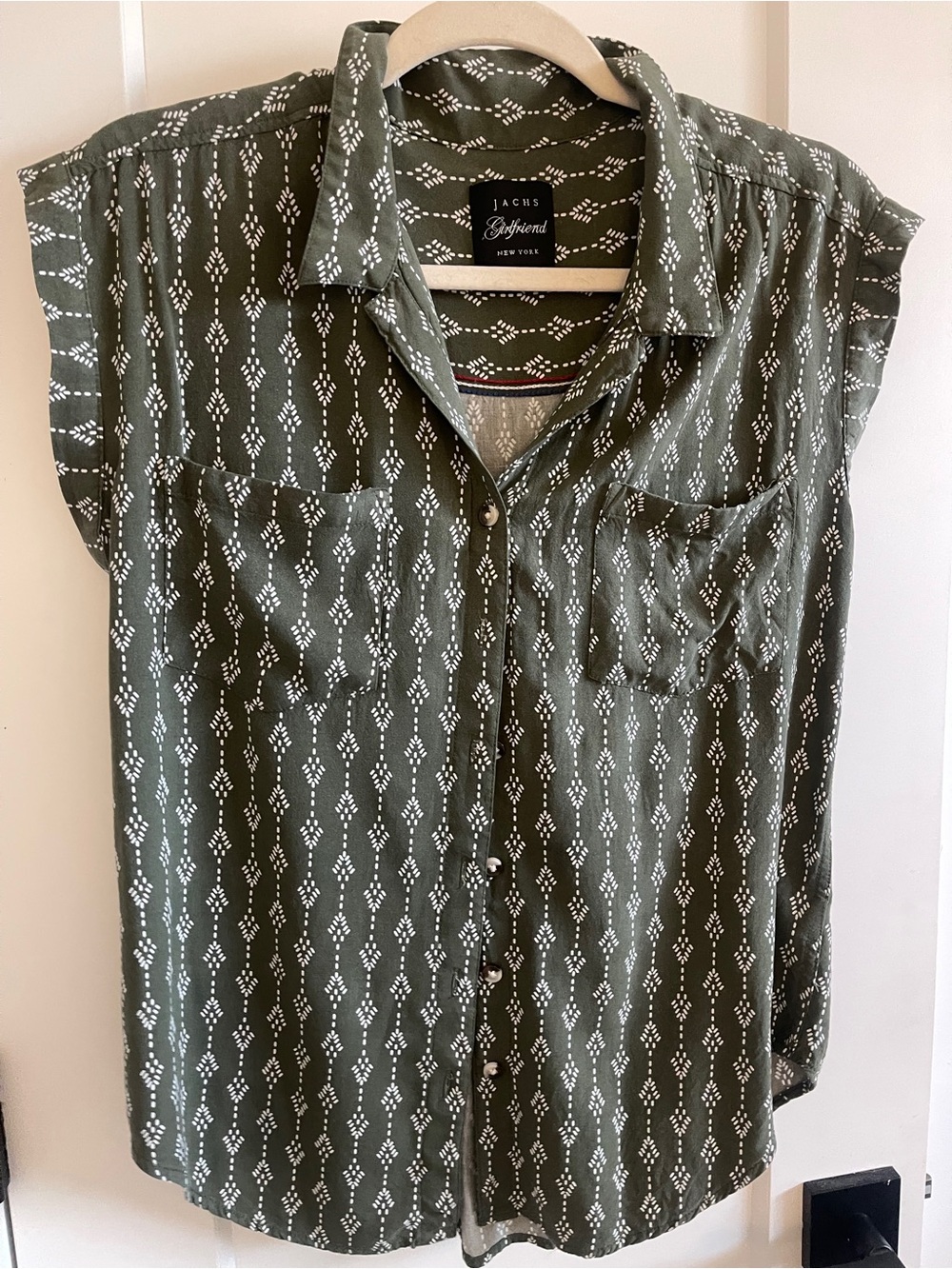 Jachs Girlfriend Olive Green Button-Down Top with White Geometric Print